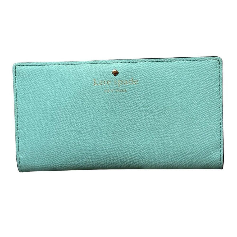 Kate Spade Mikas Pond Staci Folding Leather Wallet Aqua Green Preppy Cottage